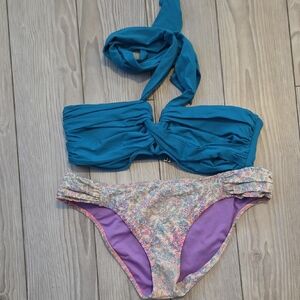Turquoise Bandeau Bikini Top with Floral Bikini Bottoms